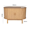 Dimension diagram of oak reeded sideboard: 100cm wide, 50cm deep, 68cm tall, 20cm leg height