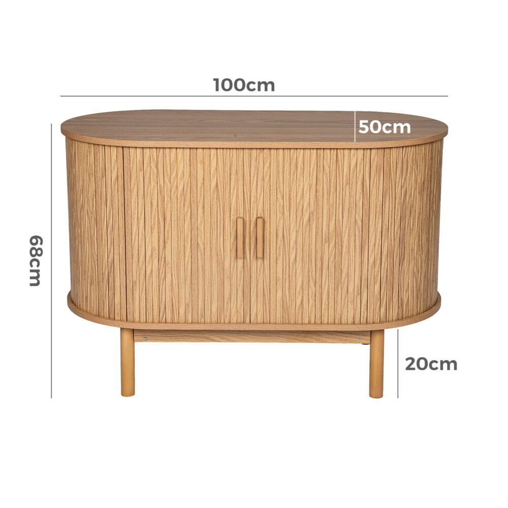 Dimension diagram of oak reeded sideboard: 100cm wide, 50cm deep, 68cm tall, 20cm leg height