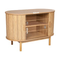 Oak reeded sideboard open interior dimension diagram showing 50cm width and 45cm height with adjustable shelf arrows