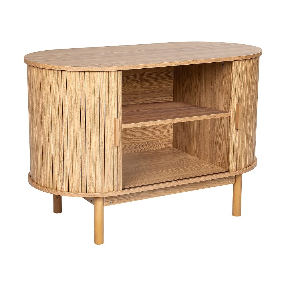 Oak reeded sideboard angled view with both doors open revealing two interior shelves, on white background