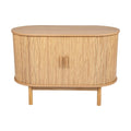 Oak reeded sideboard with rounded ends and two doors with bar handles on white background, front view