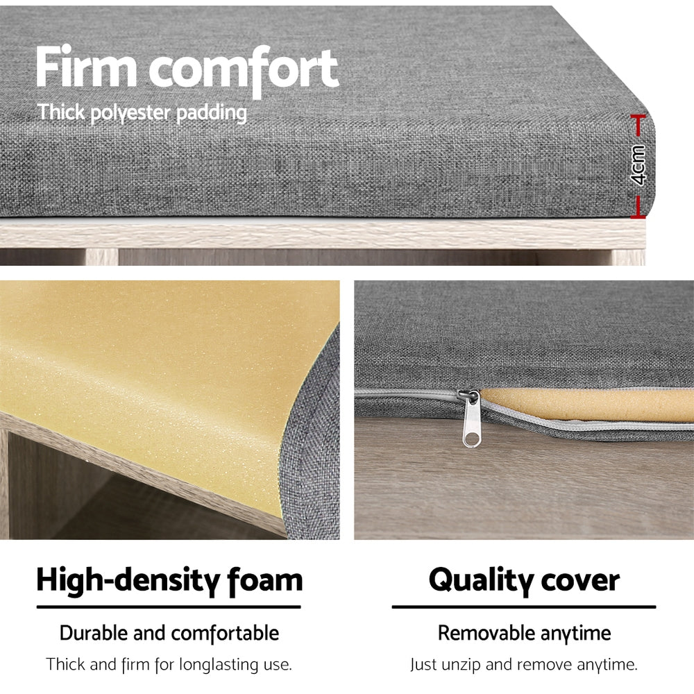 Oak shoe bench cushion detail 4cm thick polyester padding high-density foam layer and removable zippered cover close-up