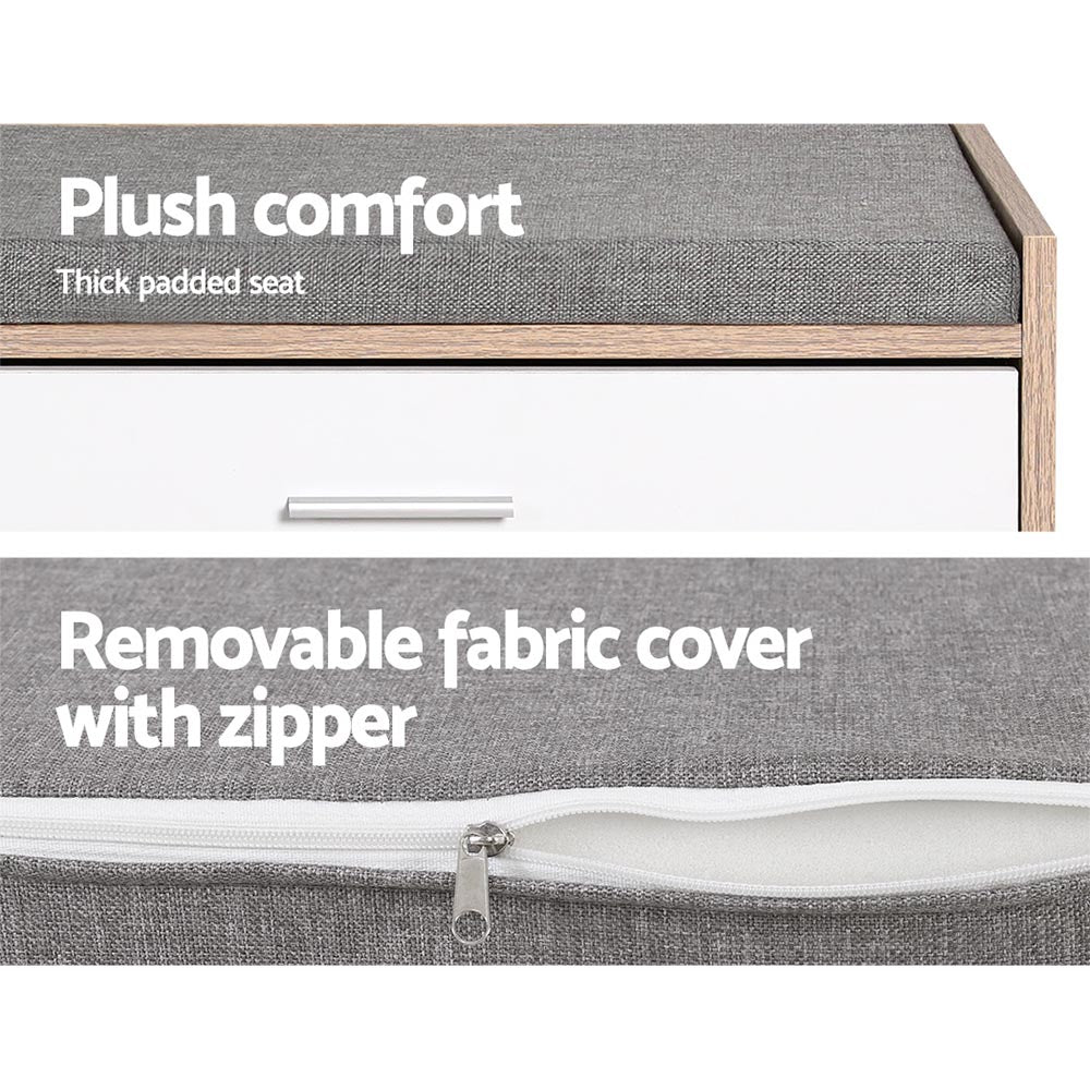 Oak shoe bench cushion features plush comfort thick padded seat close-up and removable fabric cover with zipper detail