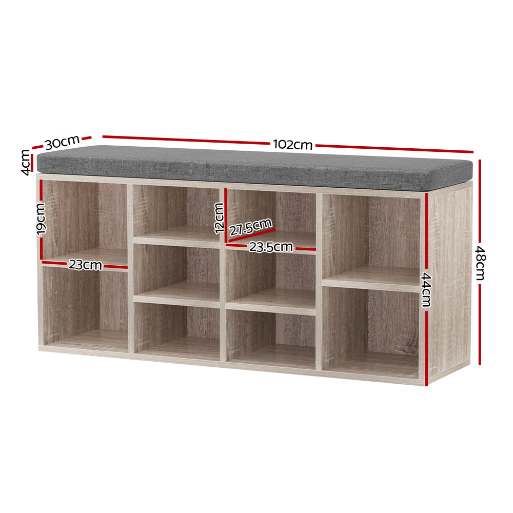 Oak shoe bench grey cushion dimensions 102cm wide 48cm tall 30cm deep cushion 4cm thick inner cubby 23cm and 27.5cm widths