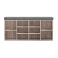 Oak shoe storage bench grey cushion front view all 10 open cubby compartments empty on white background