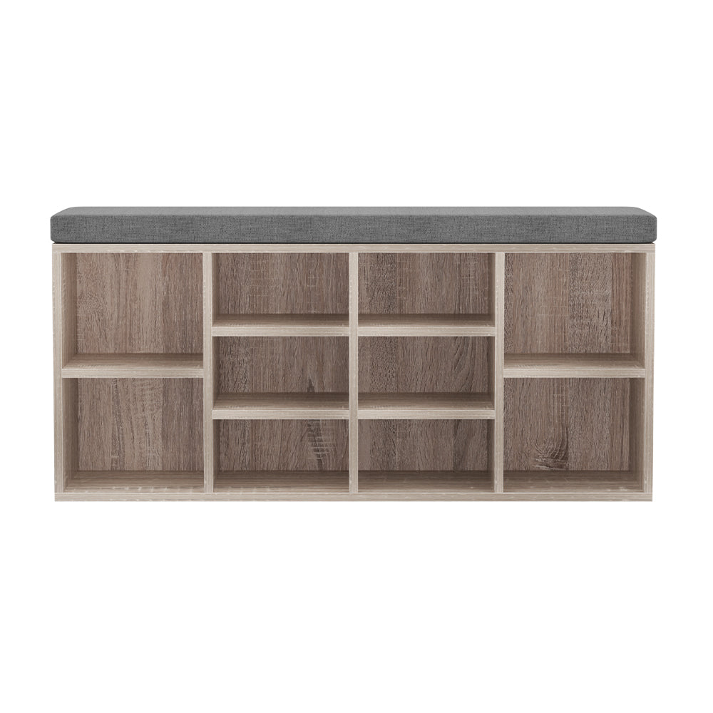 Oak shoe storage bench grey cushion front view all 10 open cubby compartments empty on white background