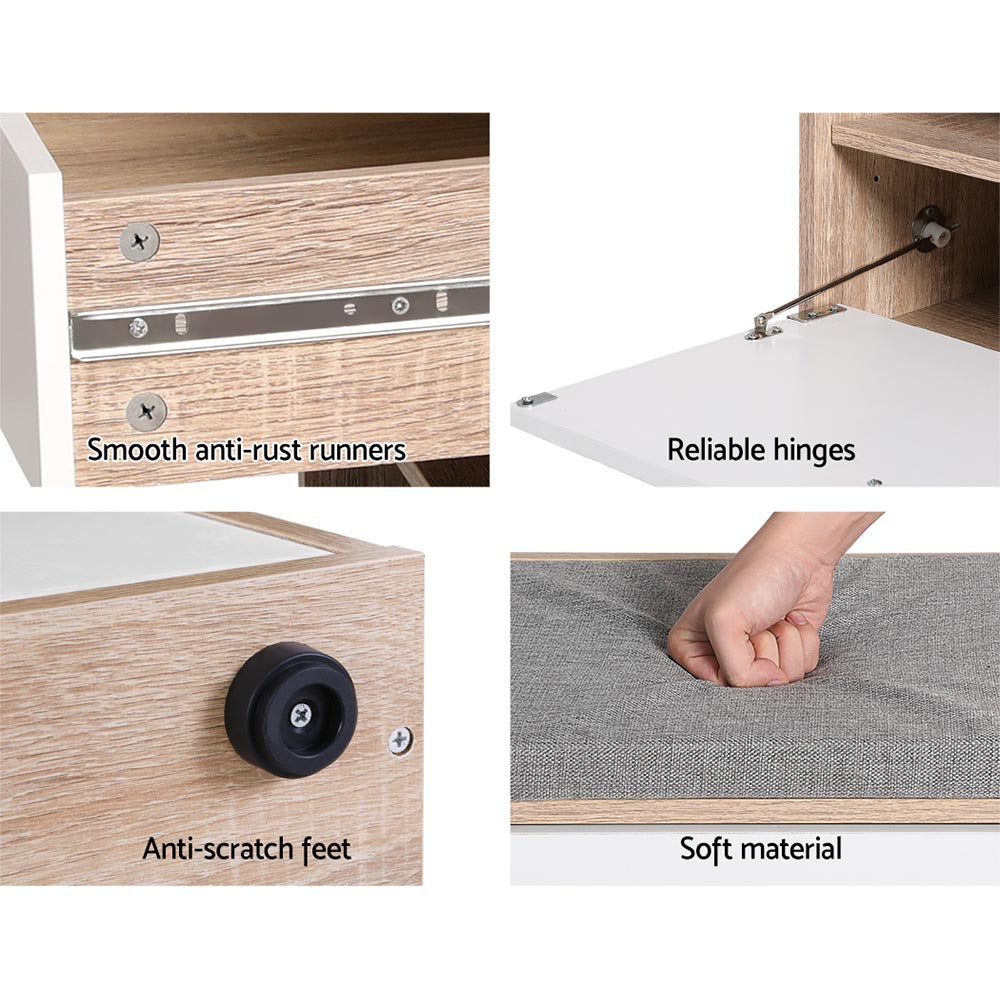 Oak shoe bench features smooth anti-rust runners reliable hinges anti-scratch feet and soft grey cushion fabric