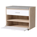 Oak shoe bench three-quarter view grey cushion white drawer and flip-down tray open showing shelves on white background
