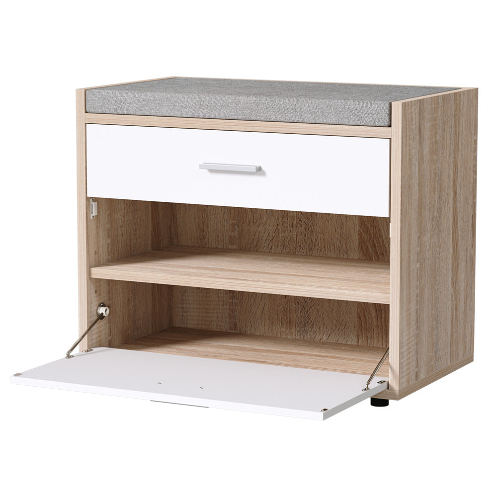 Oak shoe bench three-quarter view grey cushion white drawer and flip-down tray open showing shelves on white background