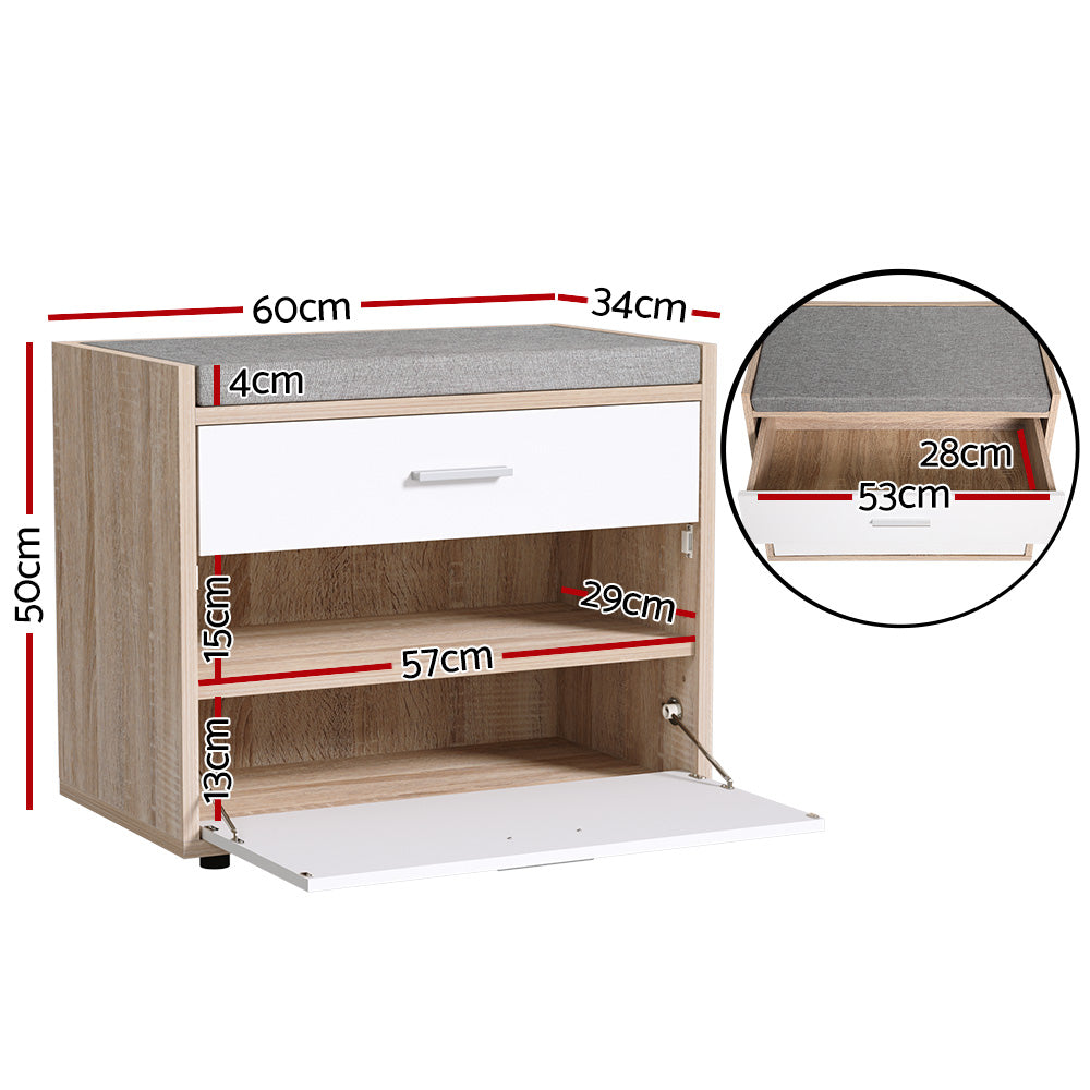 Oak shoe bench with grey cushion white drawer bar handle two open shelves and flip-down tray open showing shoes in lifestyle