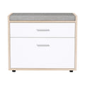 Oak shoe bench front view grey cushion two white flip-down panels with bar handles black rubber feet on white background