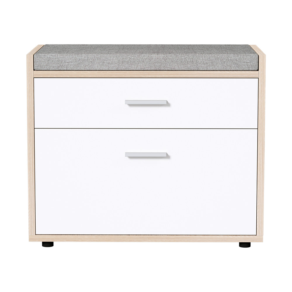 Oak shoe bench front view grey cushion two white flip-down panels with bar handles black rubber feet on white background