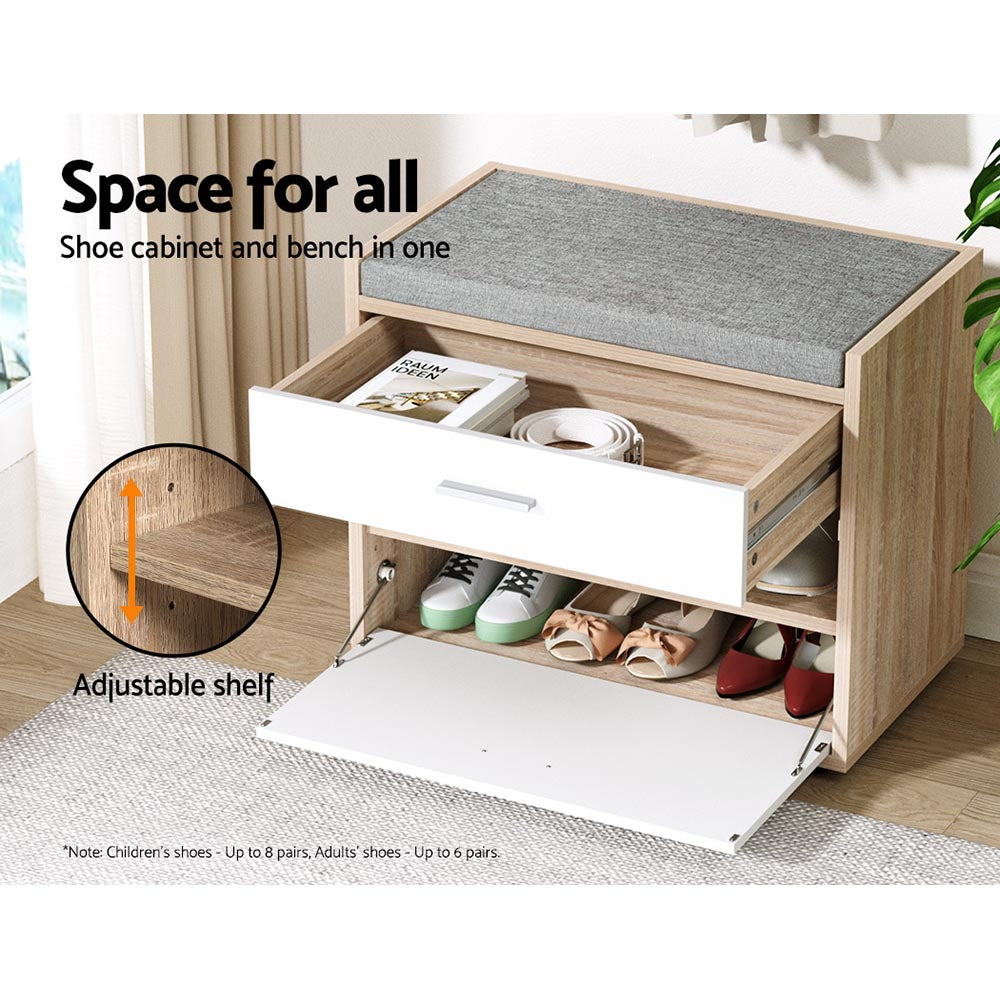 Oak shoe bench drawer pulled open with books inside flip-down tray open showing shoes on adjustable shelf space for all text