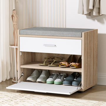 Oak shoe bench with grey cushion white drawer bar handle two open shelves and flip-down tray open showing shoes in lifestyle