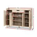Oak shoe cabinet dimensions 120cm wide 91cm tall 32cm deep with three doors open showing adjustable interior shelves