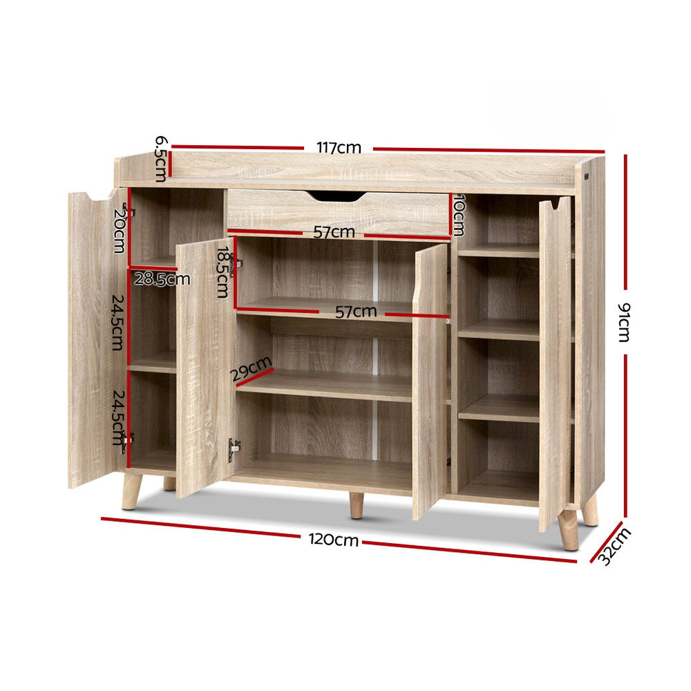 Oak shoe cabinet dimensions 120cm wide 91cm tall 32cm deep with three doors open showing adjustable interior shelves