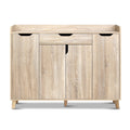 Oak finish shoe cabinet front view top gallery rail drawer three lower doors natural wood legs on white background