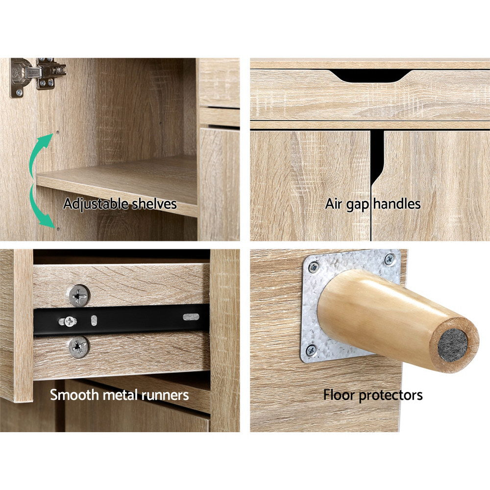 Oak shoe cabinet features adjustable shelves air gap handles smooth metal runners and wood cone leg floor protectors close-up