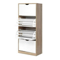 Tall oak frame shoe cabinet 4 white doors 2 middle sections deployed showing white shoe rack mechanism on white bg