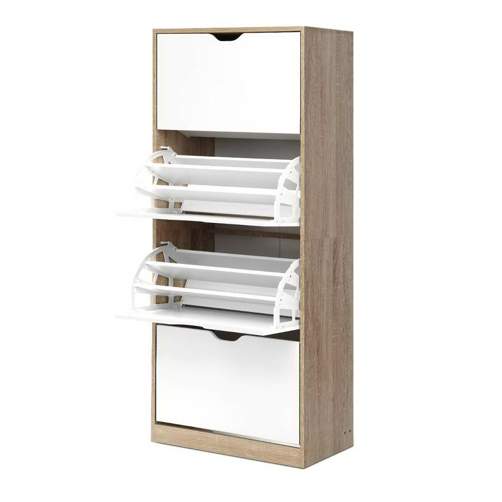 Tall oak frame shoe cabinet 4 white doors 2 middle sections deployed showing white shoe rack mechanism on white bg
