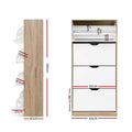 Tall shoe cabinet dimensions side view 150cm tall 30cm deep front view 63cm wide shelf spacings labeled with red lines