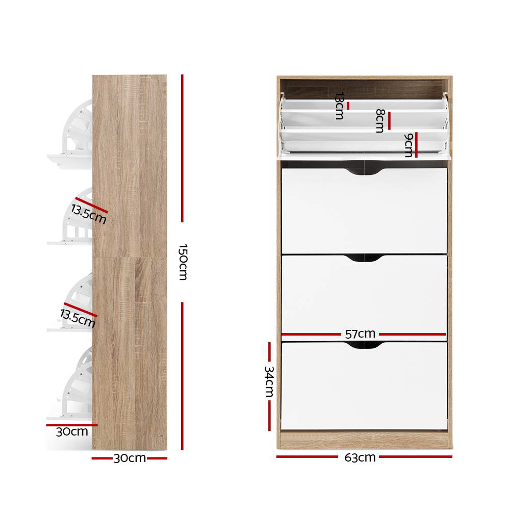 Tall shoe cabinet dimensions side view 150cm tall 30cm deep front view 63cm wide shelf spacings labeled with red lines