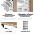 Tall shoe cabinet 4-panel feature detail showing triple row shelves adjustable spacing air gap handles smooth open