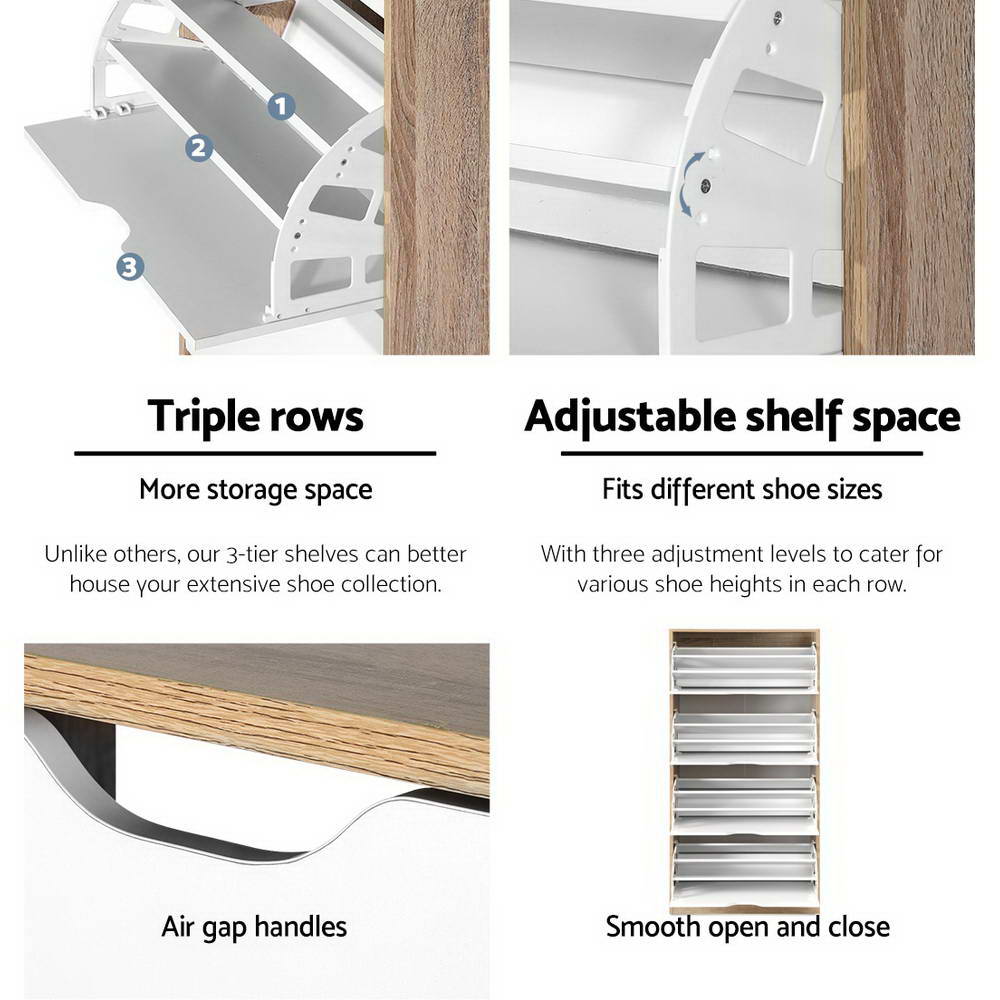 Tall shoe cabinet 4-panel feature detail showing triple row shelves adjustable spacing air gap handles smooth open