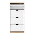 Tall oak shoe cabinet front view top door open showing shoe rack mechanism with 3 lower doors closed on white bg