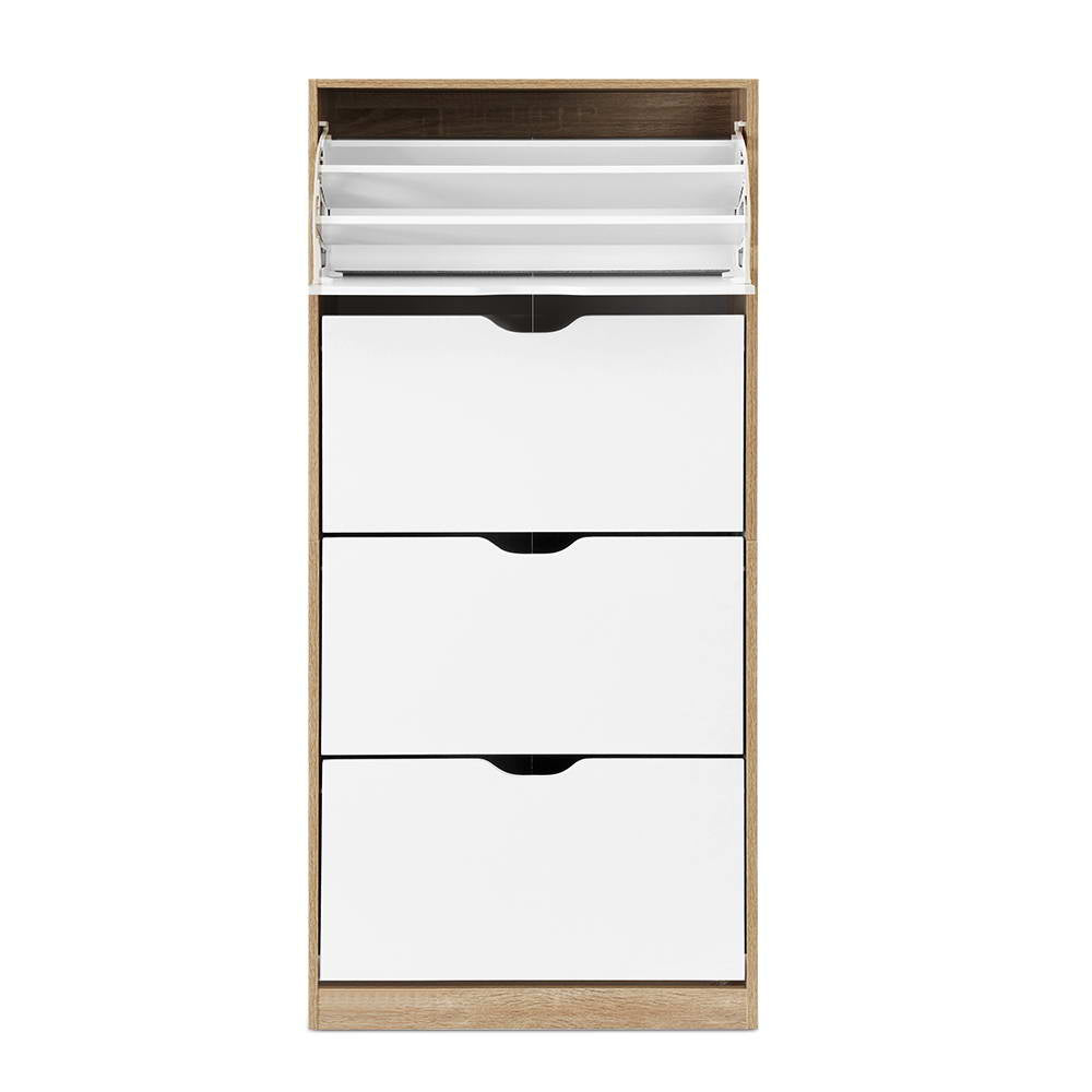 Tall oak shoe cabinet front view top door open showing shoe rack mechanism with 3 lower doors closed on white bg