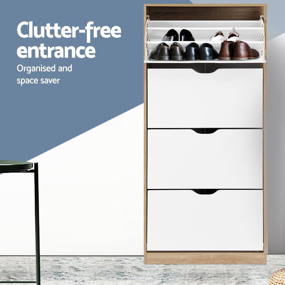 Tall shoe cabinet top door open showing dress shoes loaded on 3 tiers with 3 lower doors closed on blue gradient