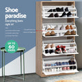 Tall shoe cabinet all 4 doors deployed showing many shoes on tiered racks up to 60 pairs capacity infographic