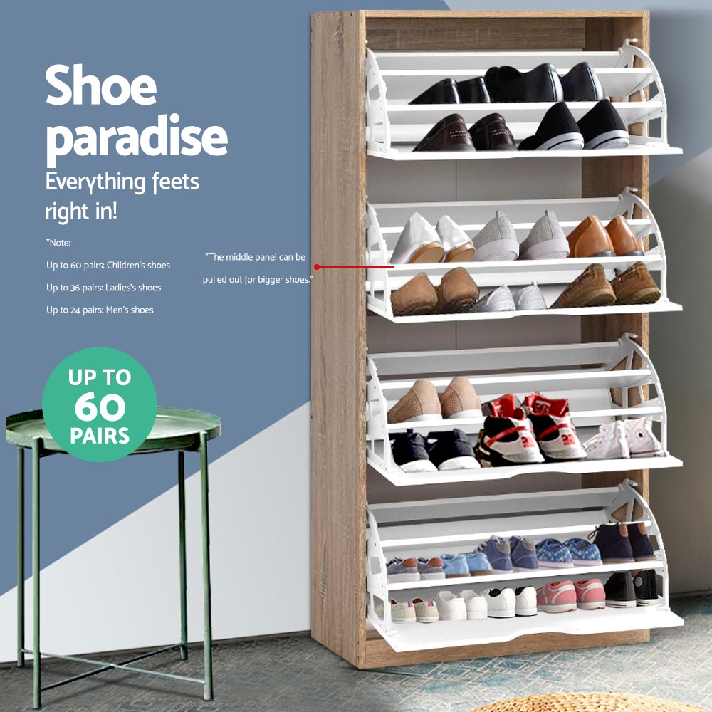 Tall shoe cabinet all 4 doors deployed showing many shoes on tiered racks up to 60 pairs capacity infographic