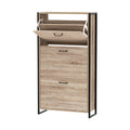 Oak finish shoe cabinet with black metal frame top flip-down door open and two lower doors on white background