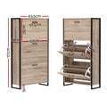 Oak shoe cabinet with metal frame dimensions 63.5cm wide 117cm tall 24cm deep with two flip-down compartment measurements