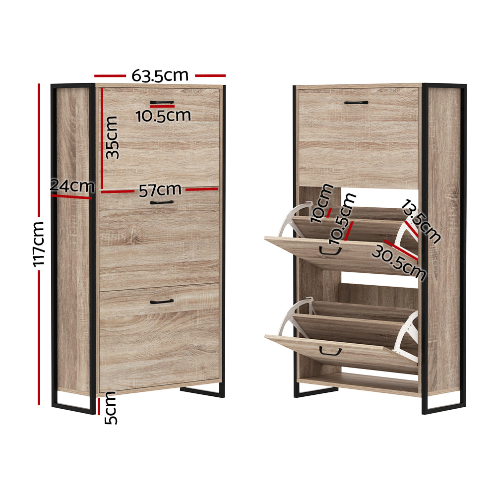 Oak shoe cabinet with metal frame dimensions 63.5cm wide 117cm tall 24cm deep with two flip-down compartment measurements