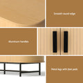 Detail collage of oak sideboard showing smooth round edge, aluminum handles on ribbed door, and metal legs with feet pads