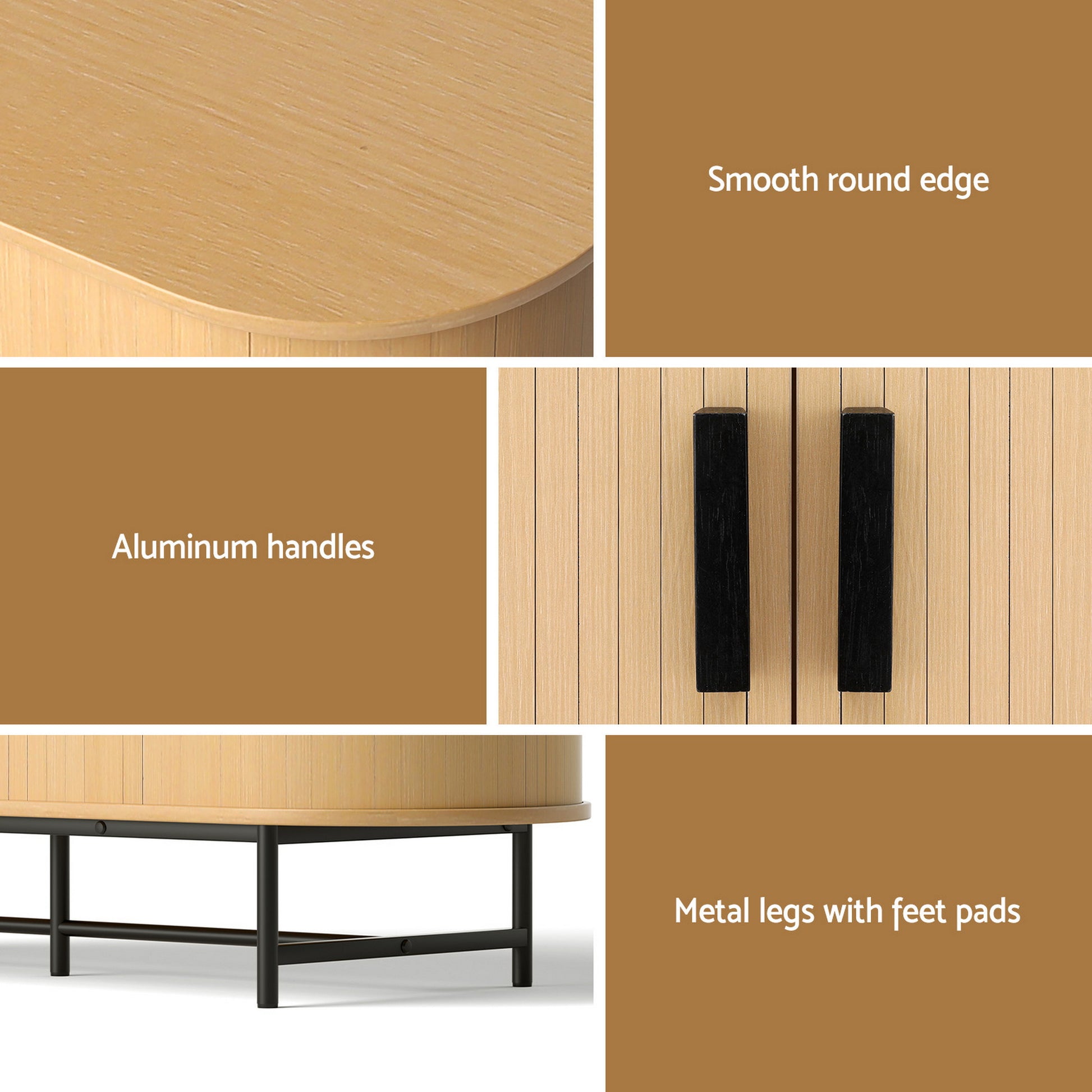 Detail collage of oak sideboard showing smooth round edge, aluminum handles on ribbed door, and metal legs with feet pads