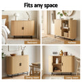 Four-panel lifestyle collage showing oak sideboard in bedroom, hallway, dining room, and living room settings