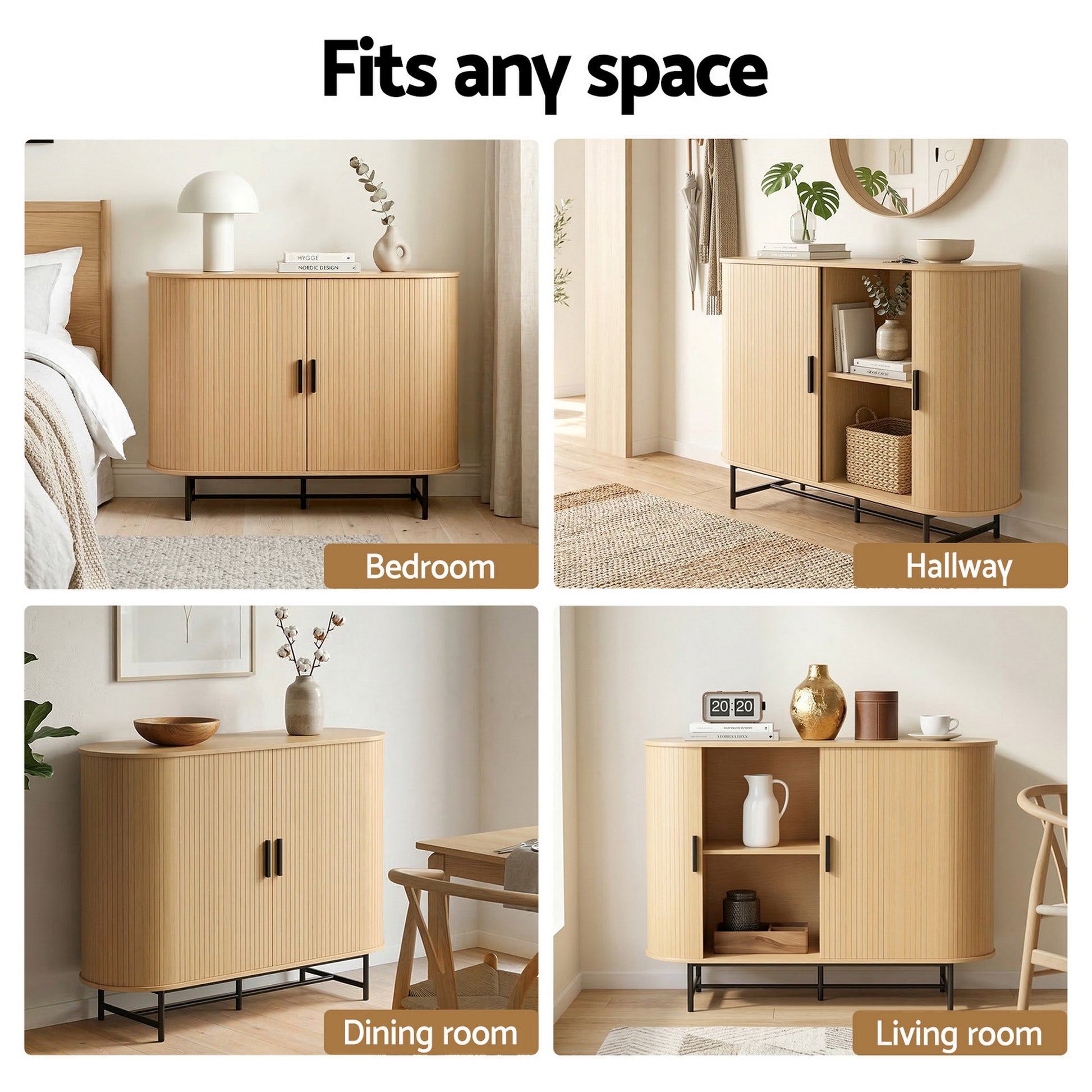 Four-panel lifestyle collage showing oak sideboard in bedroom, hallway, dining room, and living room settings