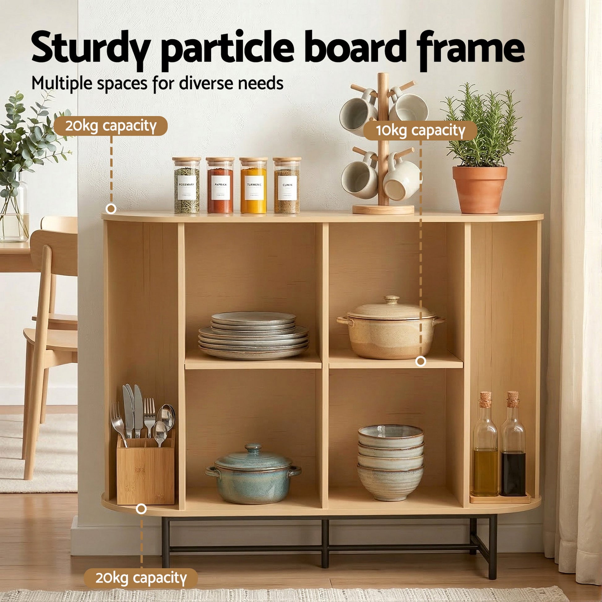 Oak sideboard with four open compartments loaded with kitchenware in kitchen, labels show 20kg and 10kg shelf capacity