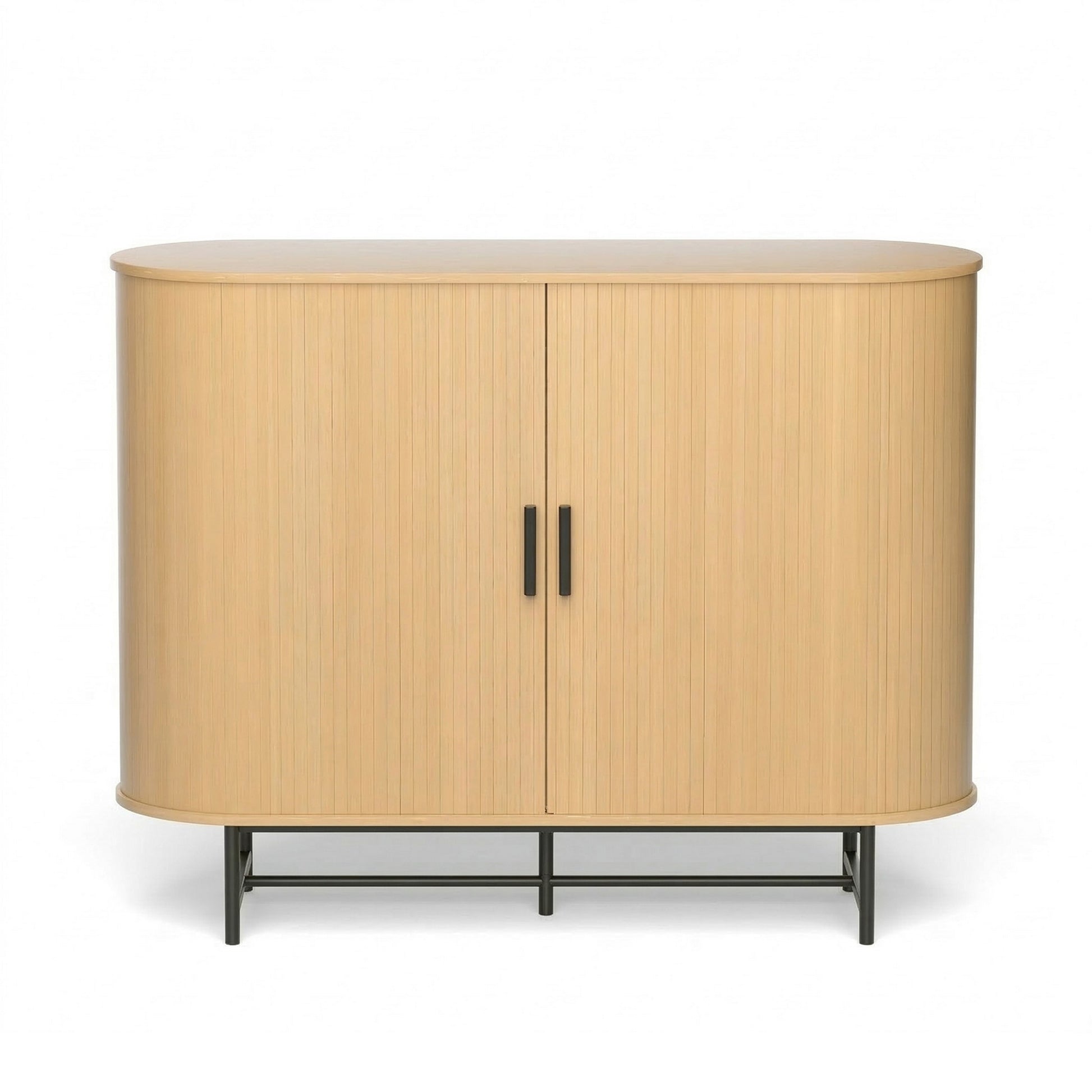 Natural oak sideboard with rounded ends and two closed ribbed sliding doors with black handles on metal base, front view