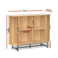 Oak sideboard dimensions diagram: 120cm wide, 90cm tall, 40cm deep with four internal compartments on black metal base