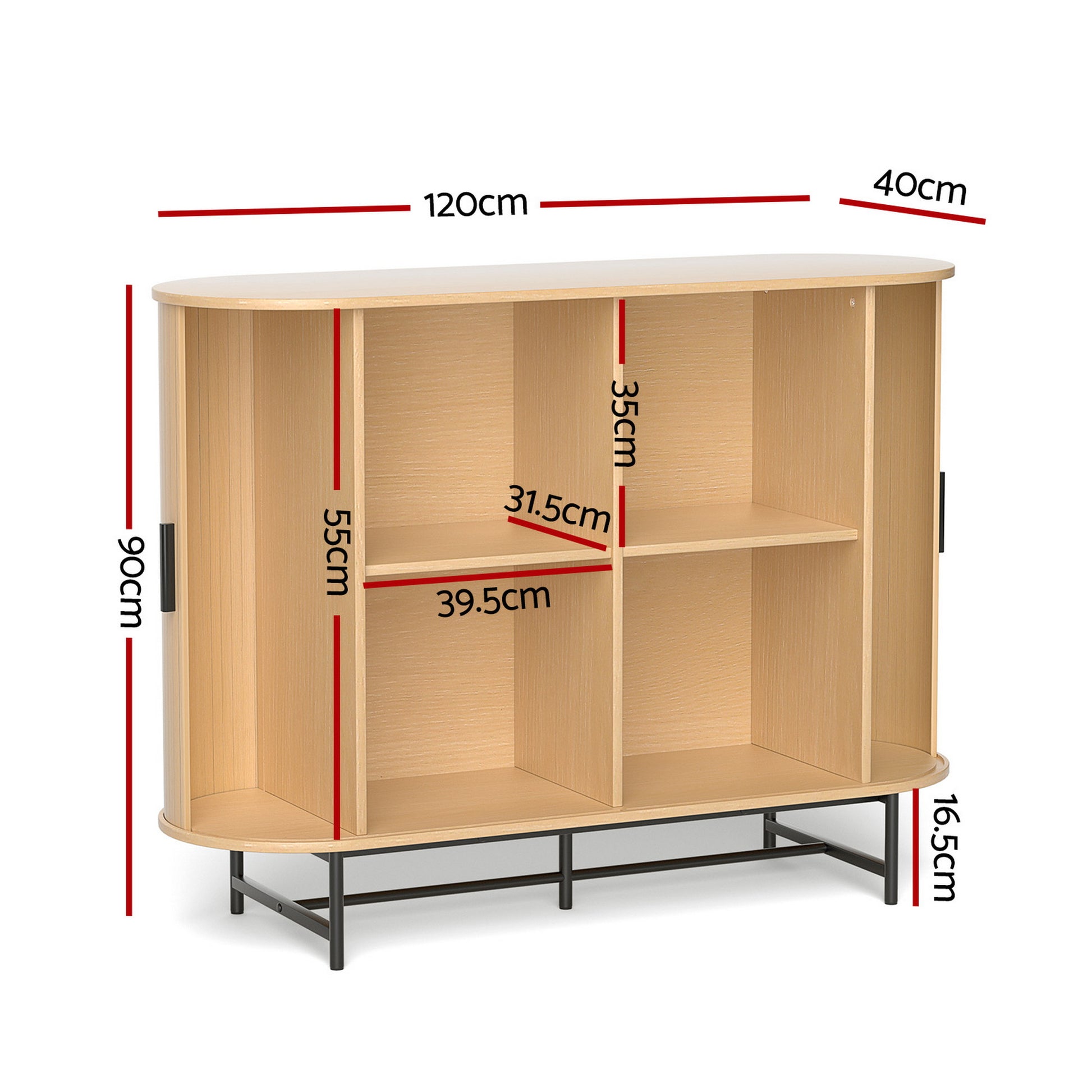 Oak sideboard dimensions diagram: 120cm wide, 90cm tall, 40cm deep with four internal compartments on black metal base