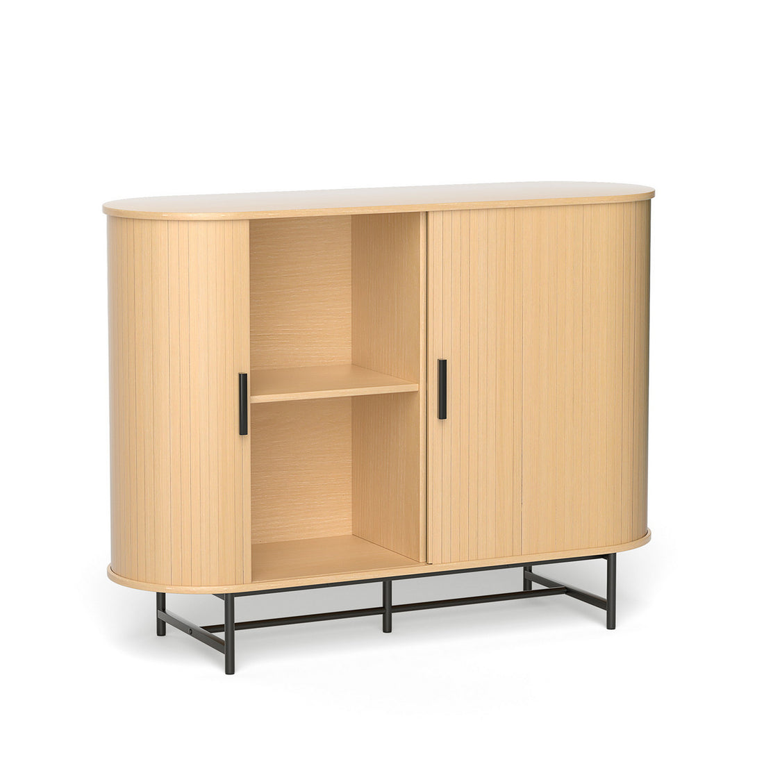 Natural oak sideboard with rounded ends, two ribbed sliding doors and black metal base, one door open showing internal shelf