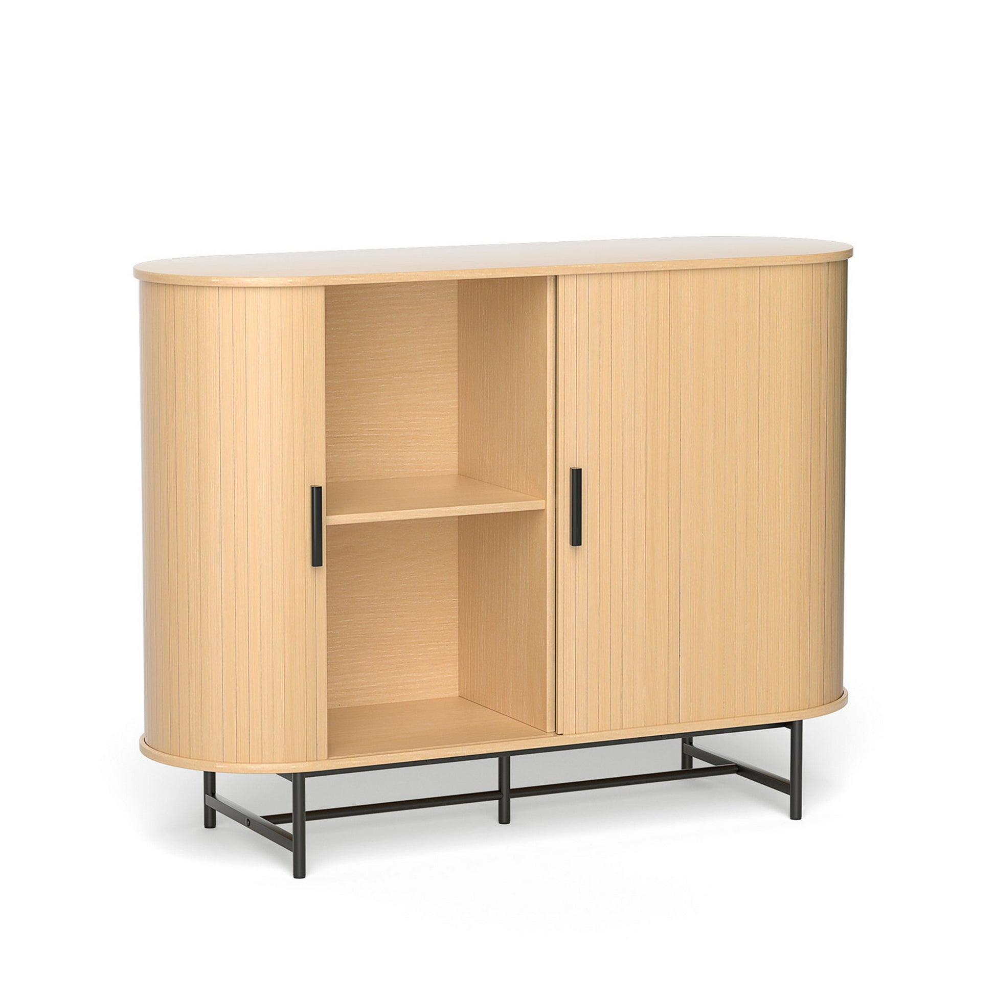 Natural oak sideboard with rounded ends, two ribbed sliding doors and black metal base, one door open showing internal shelf