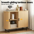 Oak sideboard with tambour sliding doors in room setting, text reads Smooth gliding tambour doors with directional arrows
