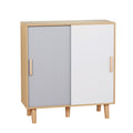 Oak sliding door shoe cabinet angle view closed showing white and grey sliding panels with wood handles