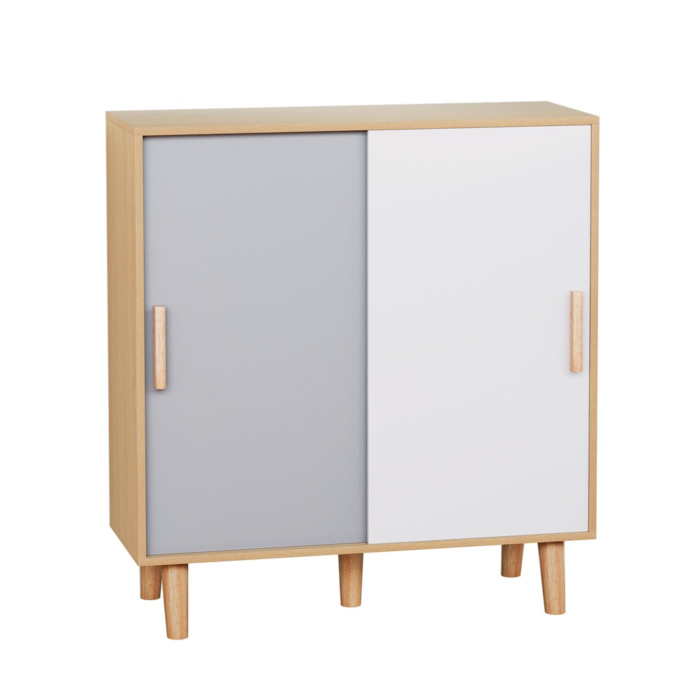 Oak sliding door shoe cabinet angle view closed showing white and grey sliding panels with wood handles