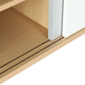 Close-up of bottom sliding door track groove in oak wood on shoe cabinet base